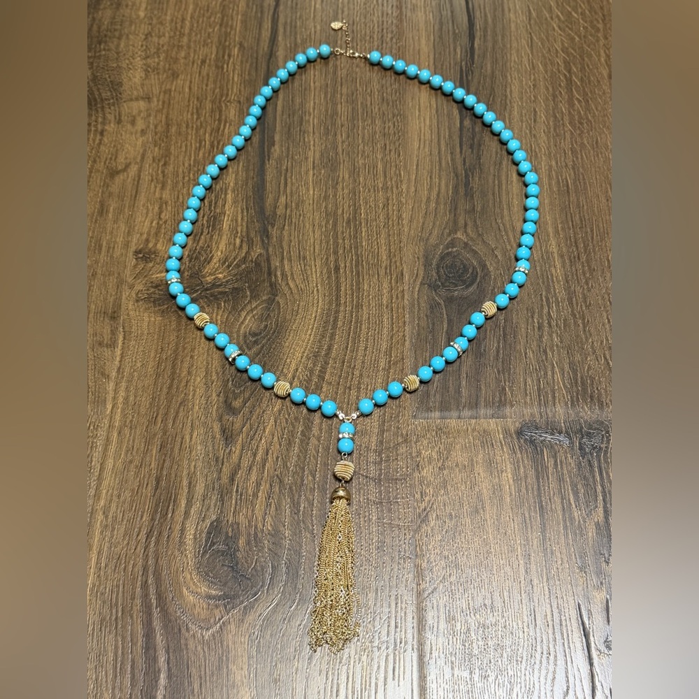 Elegant Turquoise and Gold Beaded tassel Necklace